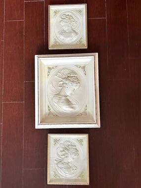 1960s TURNER CO. “East Wind” Three-set Cream Cameo Wall Plaques  Large 20 x 17”